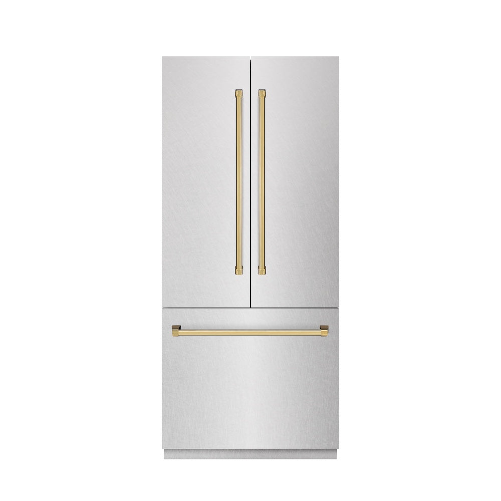 ZLINE Autograph Edition 36 in. 19.6 cu. ft. French Door Built-In Bottom Freezer Refrigerator with Water Dispenser and Ice Maker in Satin Stainless Steel with Graphite Gray Interior and Polished Gold Accents (GRBIVZ-SN-36-G)