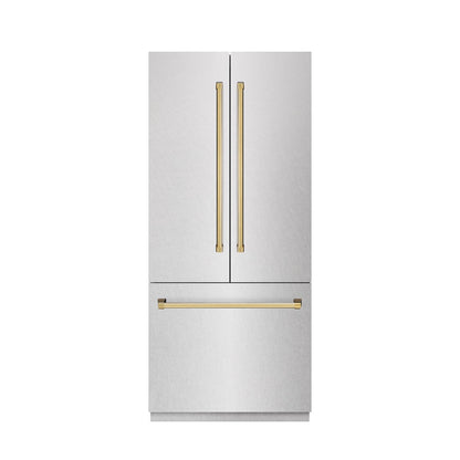 ZLINE Autograph Edition 36 in. 19.6 cu. ft. French Door Built-In Bottom Freezer Refrigerator with Water Dispenser and Ice Maker in Satin Stainless Steel with Graphite Gray Interior and Polished Gold Accents (GRBIVZ-SN-36-G)