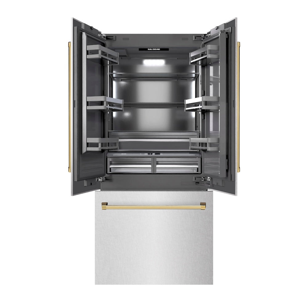 ZLINE Autograph Edition 36 in. 19.6 cu. ft. French Door Built-In Bottom Freezer Refrigerator with Water Dispenser and Ice Maker in Satin Stainless Steel with Graphite Gray Interior and Polished Gold Accents (GRBIVZ-SN-36-G)