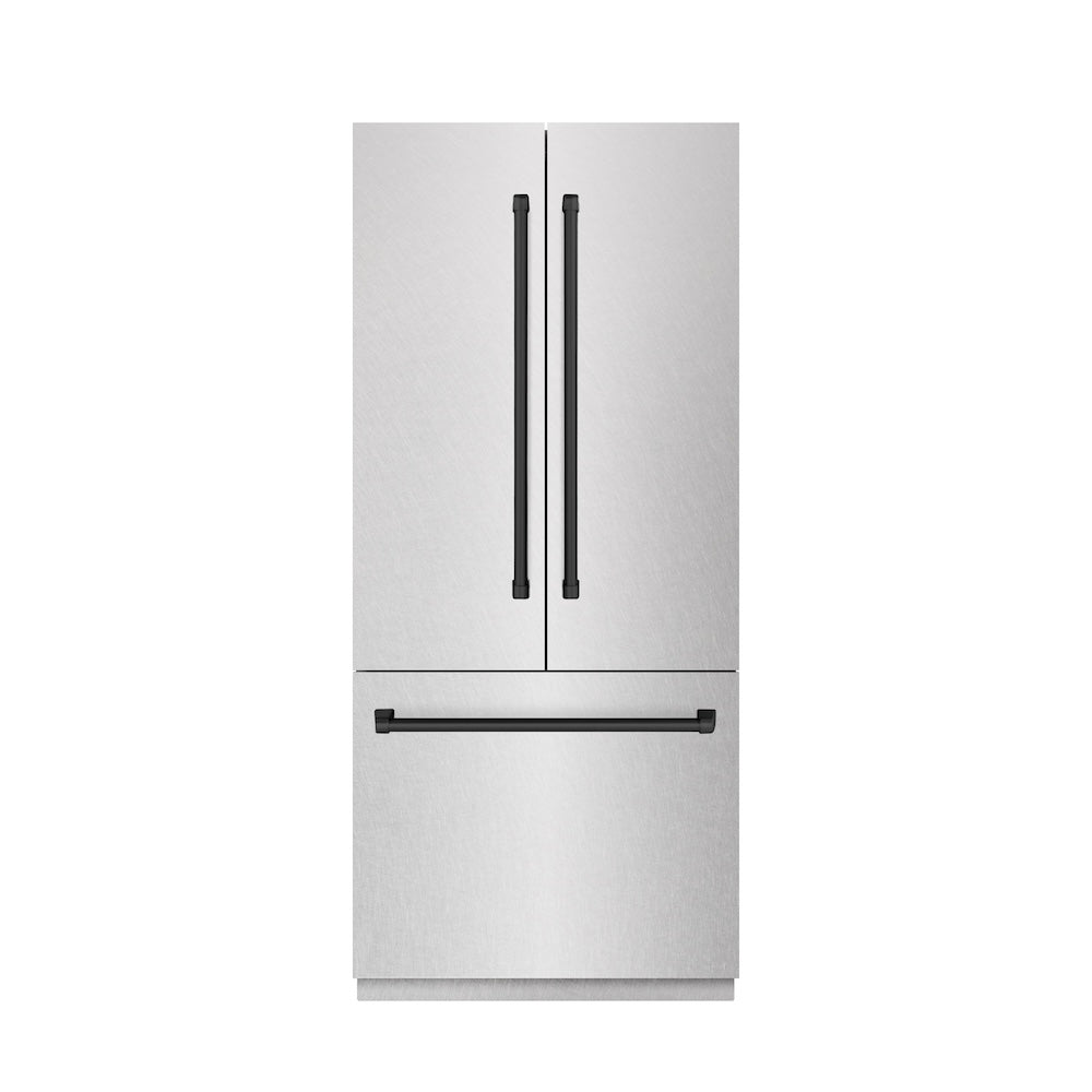 ZLINE Autograph Edition 36 in. 19.6 cu. ft. French Door Built-In Bottom Freezer Refrigerator with Water Dispenser and Ice Maker in Satin Stainless Steel with Graphite Gray Interior and Matte Black Accents (GRBIVZ-SN-36-MB)