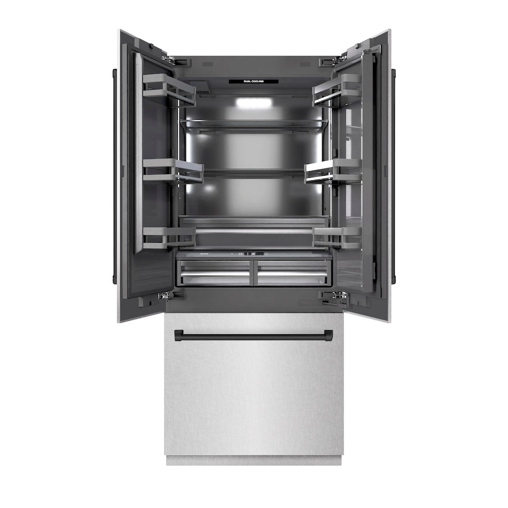 ZLINE Autograph Edition 36 in. 19.6 cu. ft. French Door Built-In Bottom Freezer Refrigerator with Water Dispenser and Ice Maker in Satin Stainless Steel with Graphite Gray Interior and Matte Black Accents (GRBIVZ-SN-36-MB)