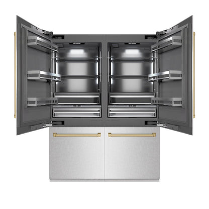 ZLINE Autograph Edition 60 in. 32.2 cu. ft. French Door Built-In Bottom Freezer Refrigerator with Water Dispenser and Ice Maker in Satin Stainless Steel with Graphite Gray Interior and Champagne Bronze Accents (GRBIVZ-SN-60-CB)