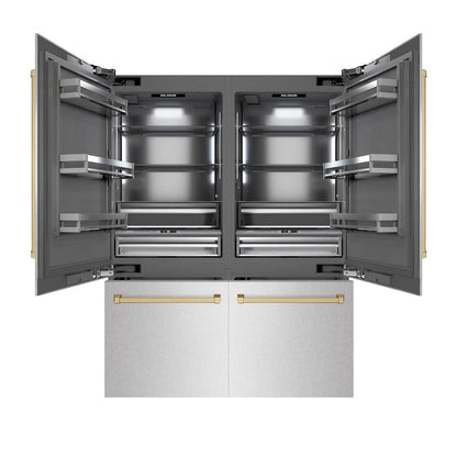 ZLINE Autograph Edition 60 in. 32.2 cu. ft. French Door Built-In Bottom Freezer Refrigerator with Water Dispenser and Ice Maker in Satin Stainless Steel with Graphite Gray Interior and Champagne Bronze Accents (GRBIVZ-SN-60-CB)