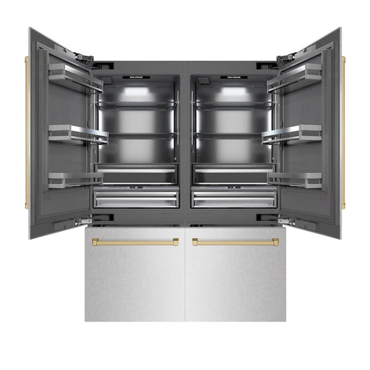 ZLINE Autograph Edition 60 in. 32.2 cu. ft. French Door Built-In Bottom Freezer Refrigerator with Water Dispenser and Ice Maker in Satin Stainless Steel with Graphite Gray Interior and Champagne Bronze Accents (GRBIVZ-SN-60-CB)