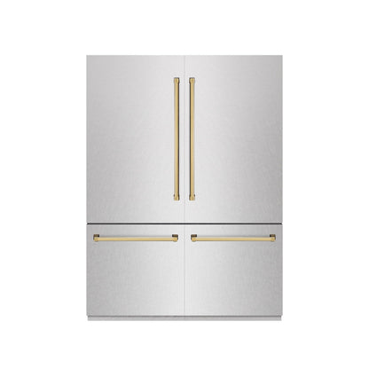 ZLINE Autograph Edition 60 in. 32.2 cu. ft. French Door Built-In Bottom Freezer Refrigerator with Water Dispenser and Ice Maker in Satin Stainless Steel with Graphite Gray Interior and Polished Gold Accents (GRBIVZ-SN-60-G)