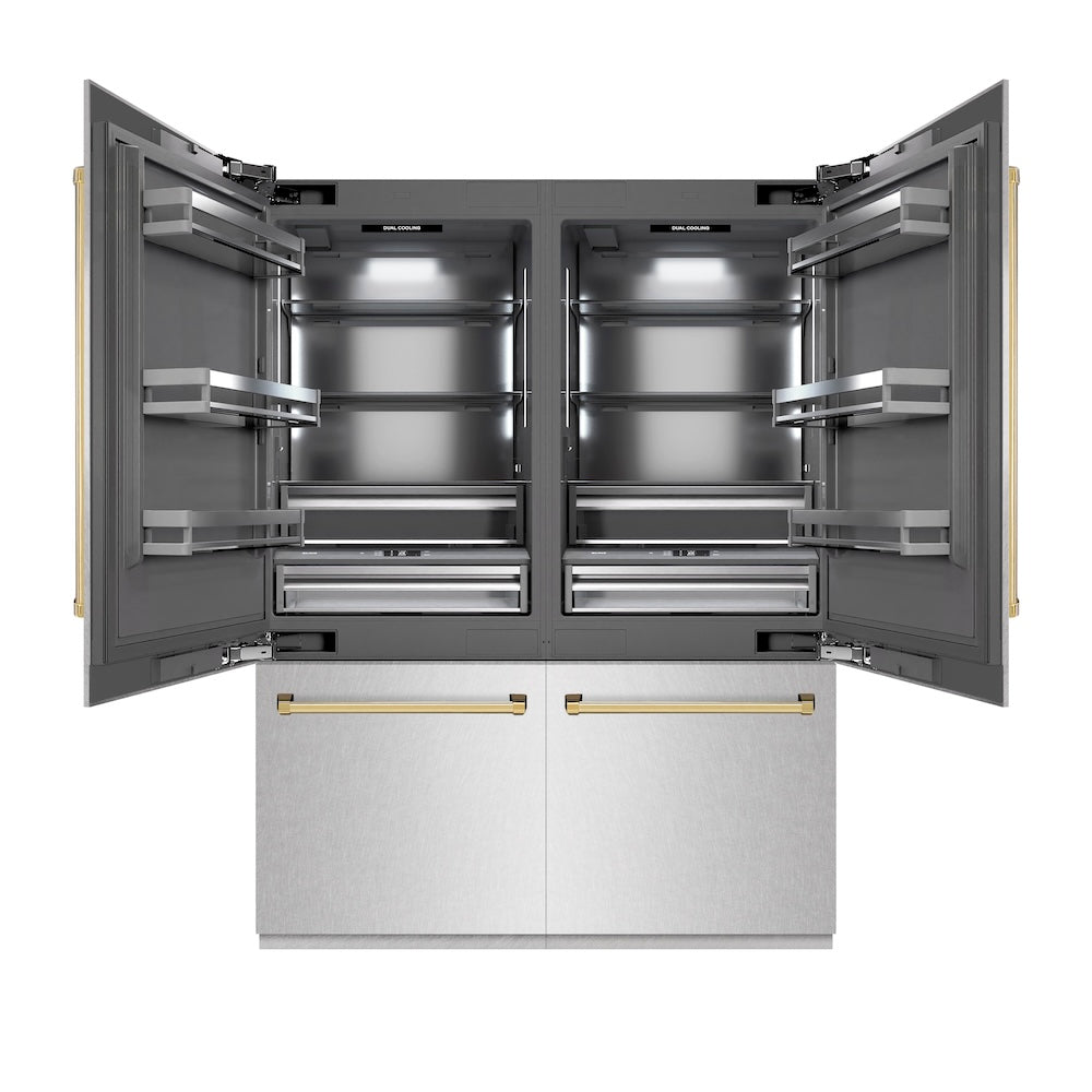 ZLINE Autograph Edition 60 in. 32.2 cu. ft. French Door Built-In Bottom Freezer Refrigerator with Water Dispenser and Ice Maker in Satin Stainless Steel with Graphite Gray Interior and Polished Gold Accents (GRBIVZ-SN-60-G)