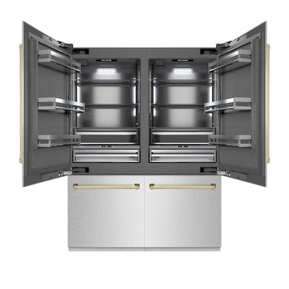 ZLINE Autograph Edition 60 in. 32.2 cu. ft. French Door Built-In Bottom Freezer Refrigerator with Water Dispenser and Ice Maker in Satin Stainless Steel with Graphite Gray Interior and Polished Gold Accents (GRBIVZ-SN-60-G)
