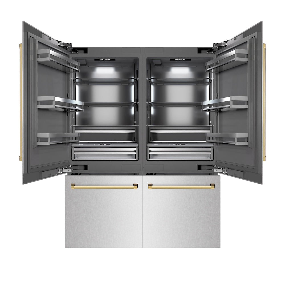 ZLINE Autograph Edition 60 in. 32.2 cu. ft. French Door Built-In Bottom Freezer Refrigerator with Water Dispenser and Ice Maker in Satin Stainless Steel with Graphite Gray Interior and Polished Gold Accents (GRBIVZ-SN-60-G)