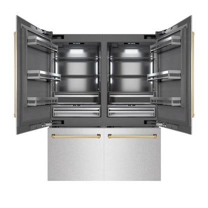 ZLINE Autograph Edition 60 in. 32.2 cu. ft. French Door Built-In Bottom Freezer Refrigerator with Water Dispenser and Ice Maker in Satin Stainless Steel with Graphite Gray Interior and Polished Gold Accents (GRBIVZ-SN-60-G)