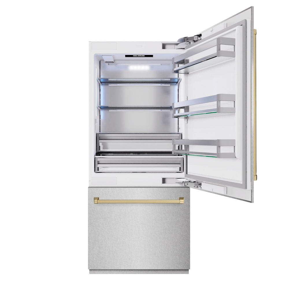 ZLINE Autograph Edition 36 in. 19.8 cu. ft. Built-In Bottom Freezer Refrigerator with Water Dispenser and Ice Maker in Satin Stainless Steel and Champagne Bronze Accents (RBITZ-SN-36-CB)