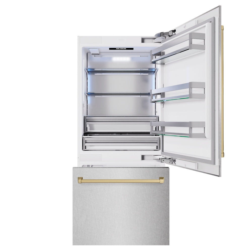 ZLINE Autograph Edition 36 in. 19.8 cu. ft. Built-In Bottom Freezer Refrigerator with Water Dispenser and Ice Maker in Satin Stainless Steel and Champagne Bronze Accents (RBITZ-SN-36-CB)