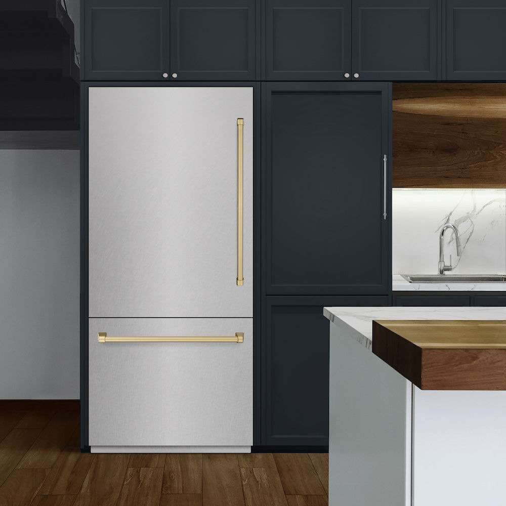 ZLINE Autograph Edition 36 in. 19.8 cu. ft. Built-In Bottom Freezer Refrigerator with Water Dispenser and Ice Maker in Satin Stainless Steel and Champagne Bronze Accents (RBITZ-SN-36-CB)