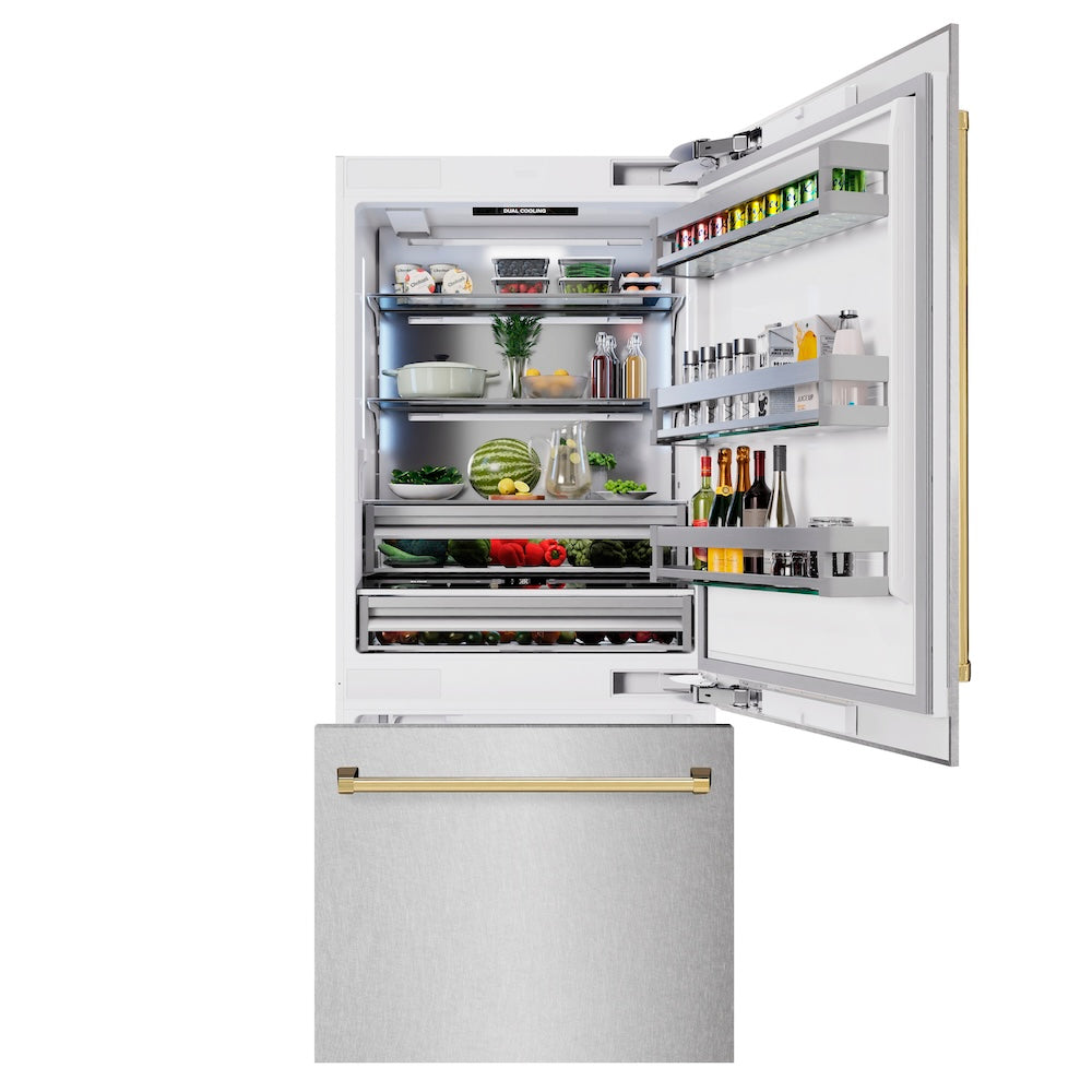 ZLINE Autograph Edition 36 in. 19.8 cu. ft. Built-In Bottom Freezer Refrigerator with Water Dispenser and Ice Maker in Satin Stainless Steel and Polished Gold Accents (RBITZ-SN-36-G)