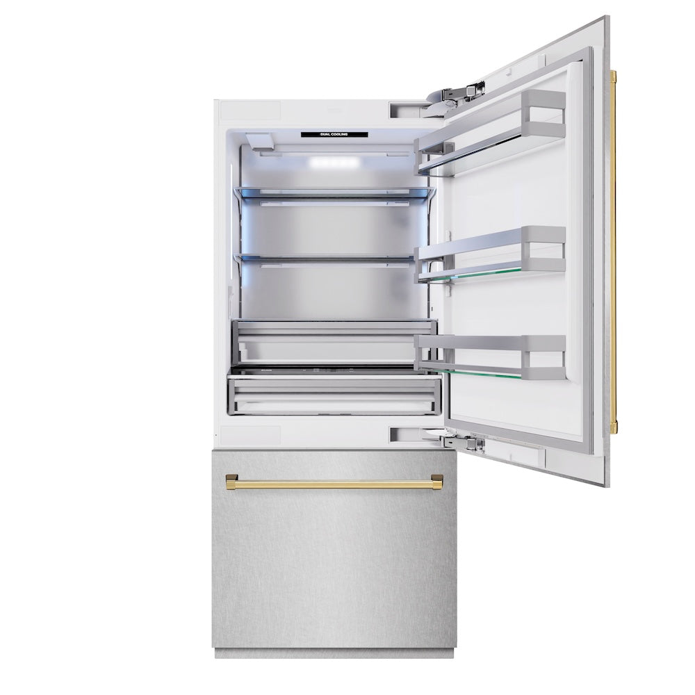 ZLINE Autograph Edition 36 in. 19.8 cu. ft. Built-In Bottom Freezer Refrigerator with Water Dispenser and Ice Maker in Satin Stainless Steel and Polished Gold Accents (RBITZ-SN-36-G)