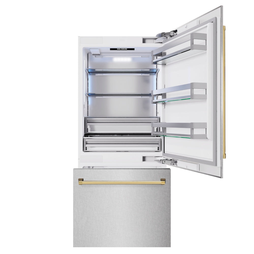 ZLINE Autograph Edition 36 in. 19.8 cu. ft. Built-In Bottom Freezer Refrigerator with Water Dispenser and Ice Maker in Satin Stainless Steel and Polished Gold Accents (RBITZ-SN-36-G)