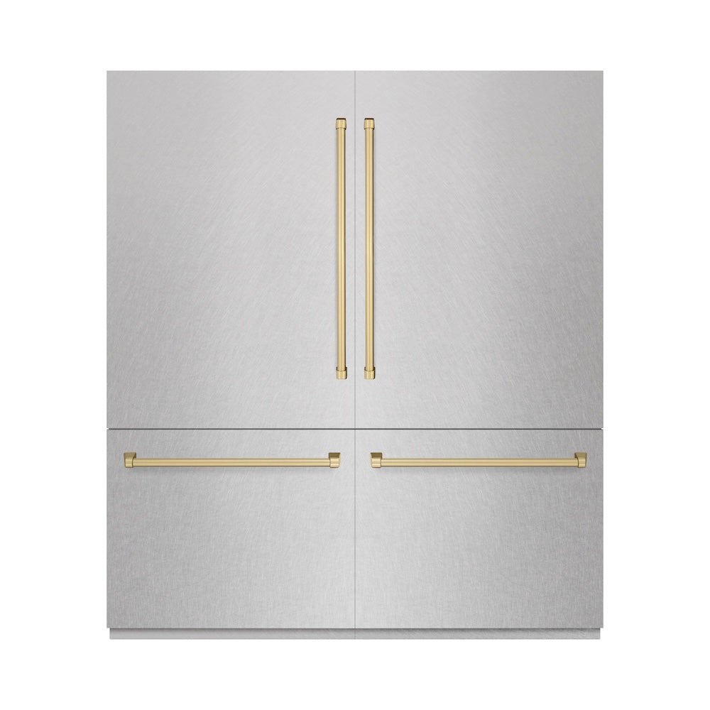 ZLINE Autograph Edition 72 in. 39.6 cu. ft. French Door Built-In Bottom Freezer Refrigerator with Water Dispensers and Ice Makers in Satin Stainless Steel and Champagne Bronze Accents (RBITZ-SN-72-CB)