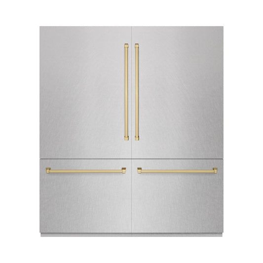 ZLINE Autograph Edition 72 in. 39.6 cu. ft. French Door Built-In Bottom Freezer Refrigerator with Water Dispensers and Ice Makers in Satin Stainless Steel and Champagne Bronze Accents (RBITZ-SN-72-CB)