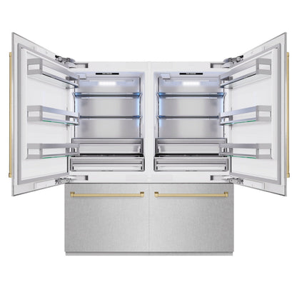 ZLINE Autograph Edition 72 in. 39.6 cu. ft. French Door Built-In Bottom Freezer Refrigerator with Water Dispensers and Ice Makers in Satin Stainless Steel and Champagne Bronze Accents (RBITZ-SN-72-CB)