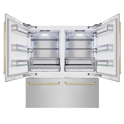ZLINE Autograph Edition 72 in. 39.6 cu. ft. French Door Built-In Bottom Freezer Refrigerator with Water Dispensers and Ice Makers in Satin Stainless Steel and Champagne Bronze Accents (RBITZ-SN-72-CB)