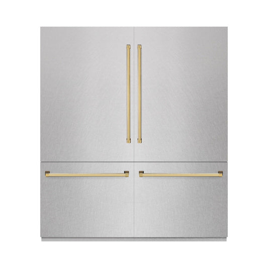 ZLINE Autograph Edition 72 in. 39.6 cu. ft. French Door Built-In Bottom Freezer Refrigerator with Water Dispensers and Ice Makers in Satin Stainless Steel and Polished Gold Accents (RBITZ-SN-72-G)