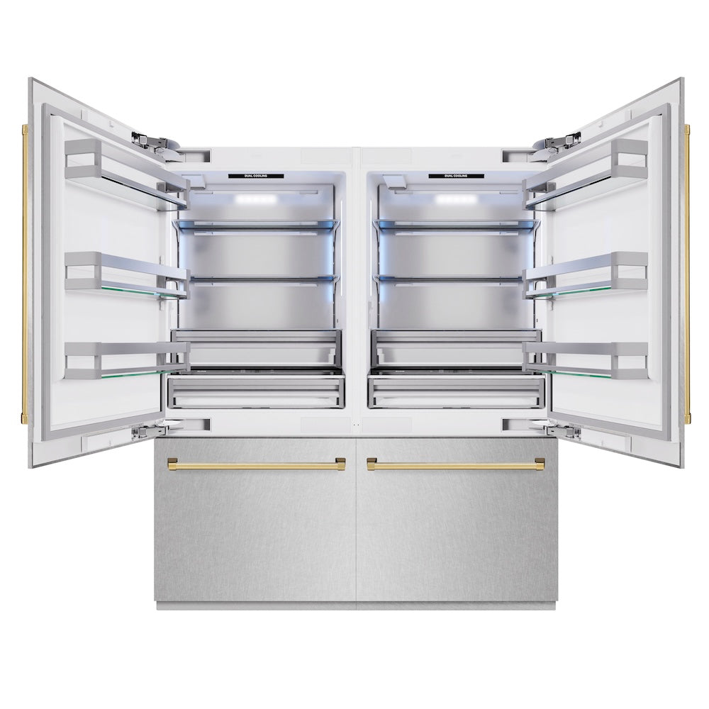 ZLINE Autograph Edition 72 in. 39.6 cu. ft. French Door Built-In Bottom Freezer Refrigerator with Water Dispensers and Ice Makers in Satin Stainless Steel and Polished Gold Accents (RBITZ-SN-72-G)
