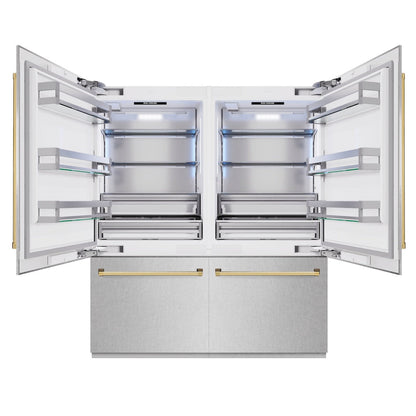 ZLINE Autograph Edition 72 in. 39.6 cu. ft. French Door Built-In Bottom Freezer Refrigerator with Water Dispensers and Ice Makers in Satin Stainless Steel and Polished Gold Accents (RBITZ-SN-72-G)