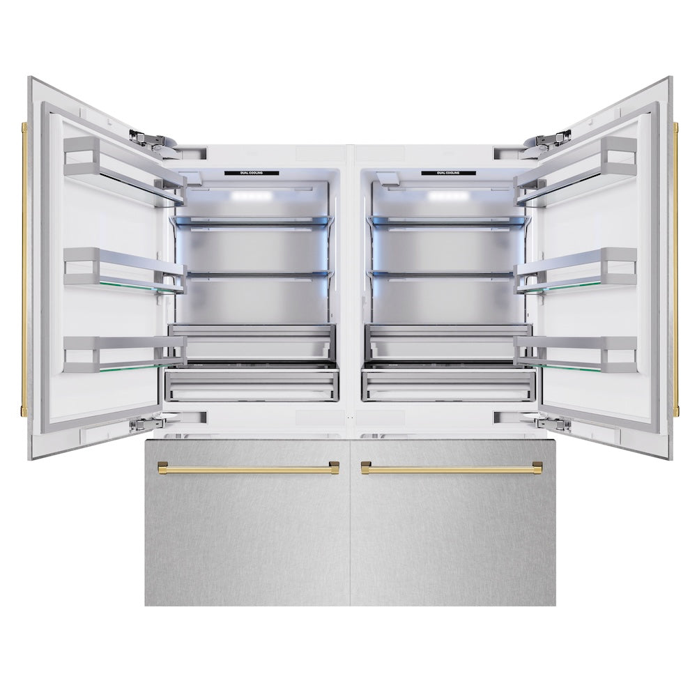 ZLINE Autograph Edition 72 in. 39.6 cu. ft. French Door Built-In Bottom Freezer Refrigerator with Water Dispensers and Ice Makers in Satin Stainless Steel and Polished Gold Accents (RBITZ-SN-72-G)