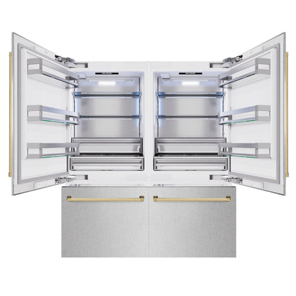 ZLINE Autograph Edition 72 in. 39.6 cu. ft. French Door Built-In Bottom Freezer Refrigerator with Water Dispensers and Ice Makers in Satin Stainless Steel and Polished Gold Accents (RBITZ-SN-72-G)