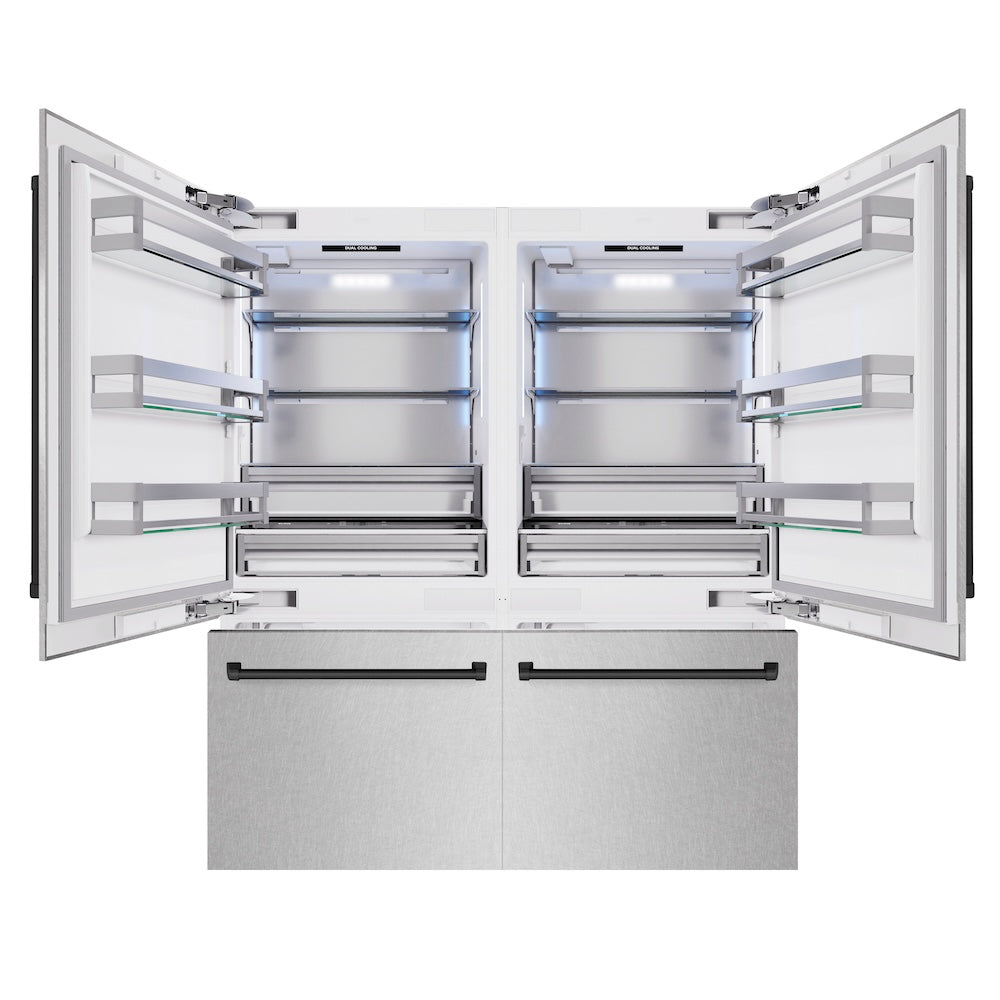 ZLINE Autograph Edition 72 in. 39.6 cu. ft. French Door Built-In Bottom Freezer Refrigerator with Water Dispensers and Ice Makers in Satin Stainless Steel and Matte Black Accents (RBITZ-SN-72-MB)