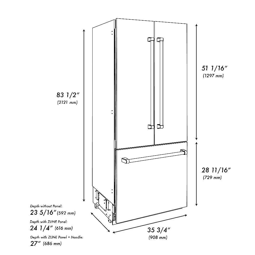 ZLINE 36 in. 19.6 cu. ft. French Door Built-In Bottom Freezer Refrigerator with Water Dispenser and Ice Maker in Satin Stainless Steel (RBIV-SN-36)