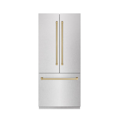 ZLINE Autograph Edition 36 in. 19.6 cu. ft. French Door Built-In Bottom Freezer Refrigerator with Water Dispenser and Ice Maker in Satin Stainless Steel with Stainless Steel Interior and Champagne Bronze Accents (SRBIVZ-SN-36-CB)