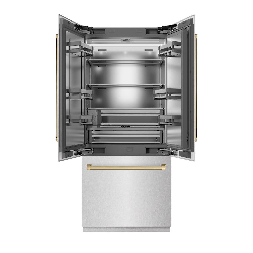 ZLINE Autograph Edition 36 in. 19.6 cu. ft. French Door Built-In Bottom Freezer Refrigerator with Water Dispenser and Ice Maker in Satin Stainless Steel with Stainless Steel Interior and Champagne Bronze Accents (SRBIVZ-SN-36-CB)