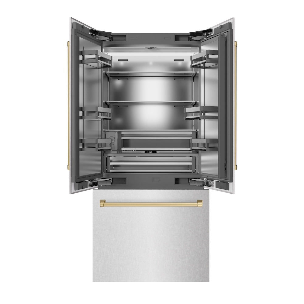 ZLINE Autograph Edition 36 in. 19.6 cu. ft. French Door Built-In Bottom Freezer Refrigerator with Water Dispenser and Ice Maker in Satin Stainless Steel with Stainless Steel Interior and Champagne Bronze Accents (SRBIVZ-SN-36-CB)