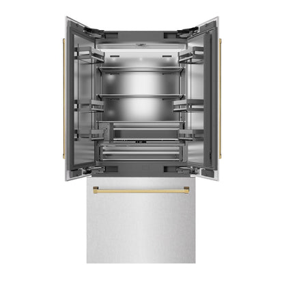 ZLINE Autograph Edition 36 in. 19.6 cu. ft. French Door Built-In Bottom Freezer Refrigerator with Water Dispenser and Ice Maker in Satin Stainless Steel with Stainless Steel Interior and Polished Gold Accents (SRBIVZ-SN-36-G)