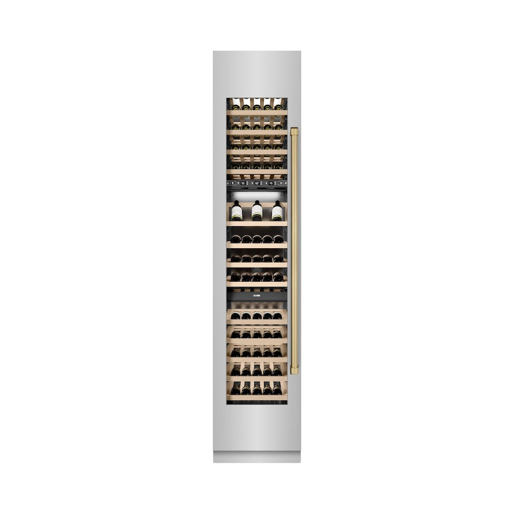 ZLINE Autograph Edition 18 in. 9.0 cu. ft. Triple Zone 68 Bottle Left Hinge Column Wine Cooler in Stainless Steel with Champagne Bronze Accents (RCWVLZ-30418-CB)