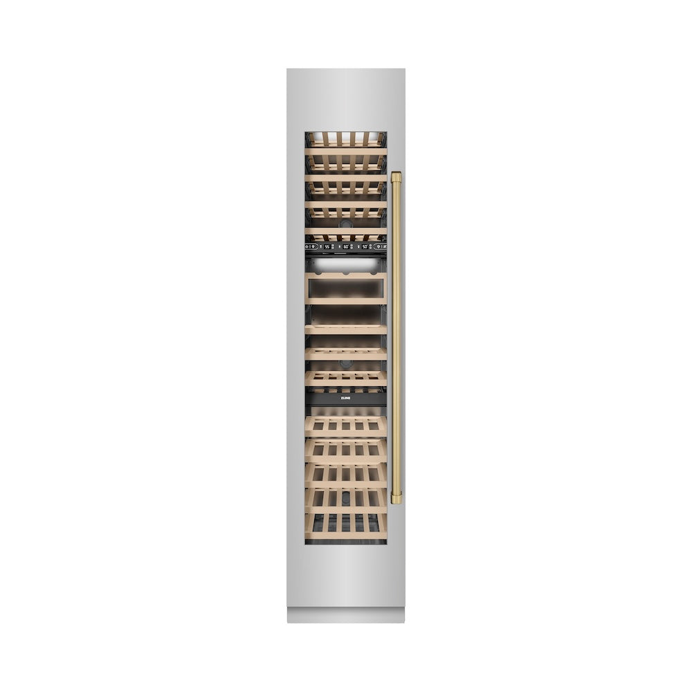 ZLINE Autograph Edition 18 in. 9.0 cu. ft. Triple Zone 68 Bottle Left Hinge Column Wine Cooler in Stainless Steel with Champagne Bronze Accents (RCWVLZ-30418-CB)