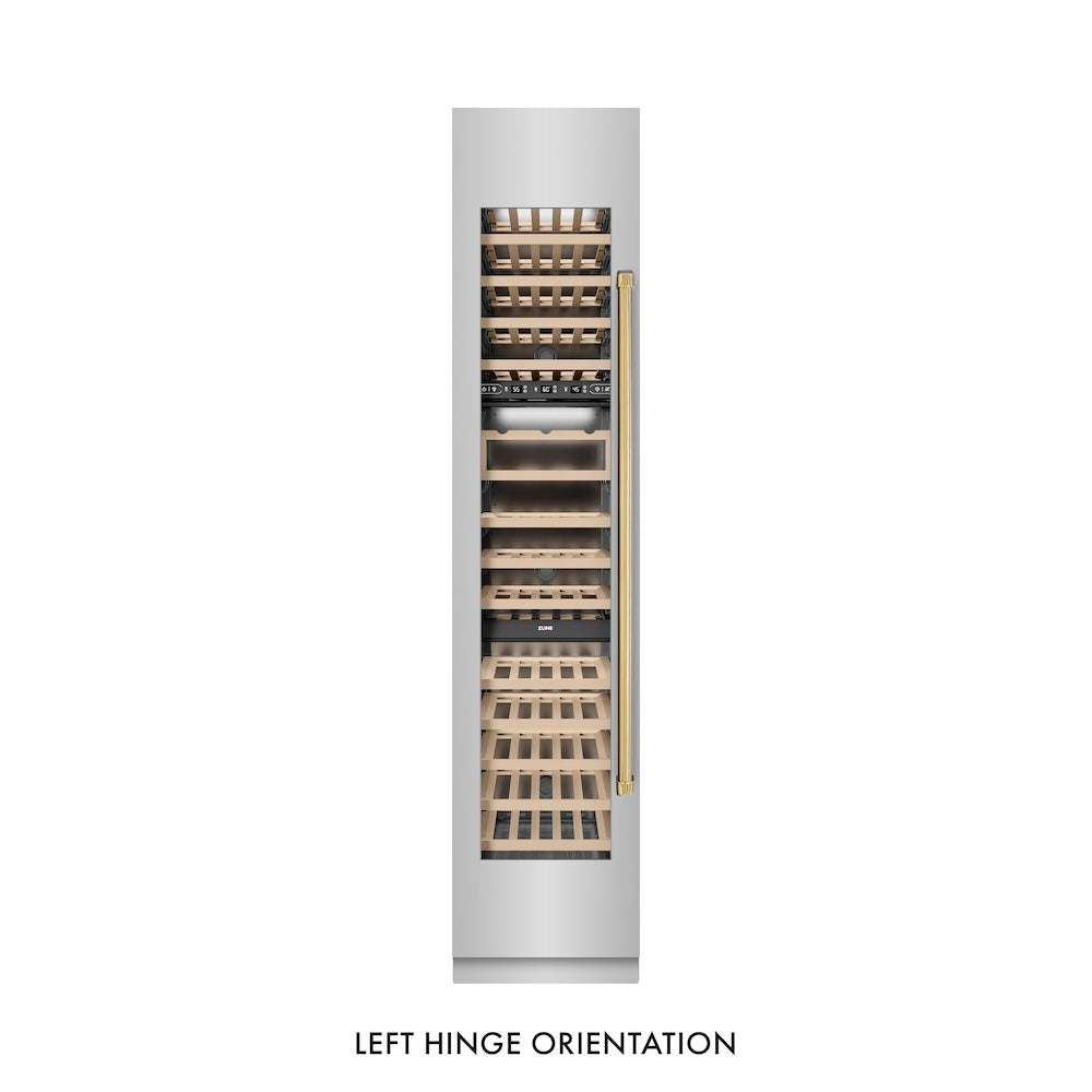ZLINE Autograph Edition 18 in. 9.0 cu. ft. Triple Zone 68 Bottle Left Hinge Column Wine Cooler in Stainless Steel with Polished Gold Accents (RCWVLZ-30418-G)