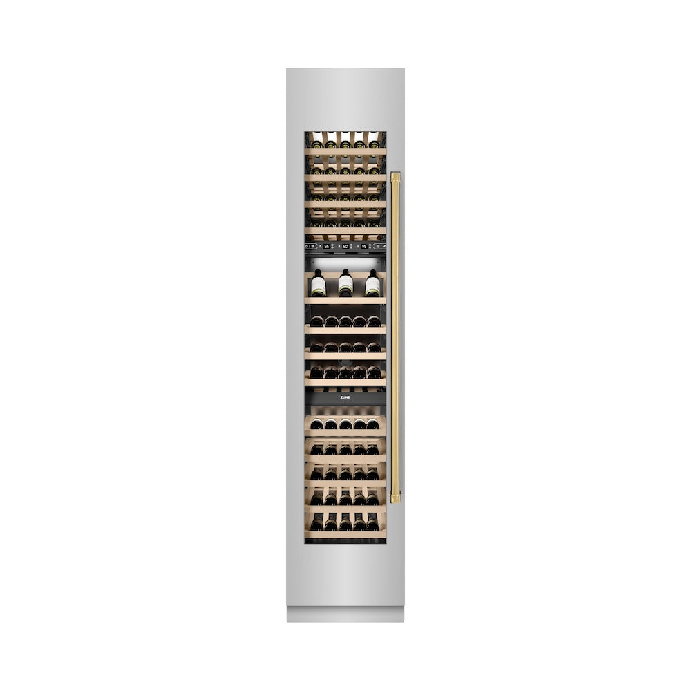 ZLINE Autograph Edition 18 in. 9.0 cu. ft. Triple Zone 68 Bottle Left Hinge Column Wine Cooler in Stainless Steel with Polished Gold Accents (RCWVLZ-30418-G)