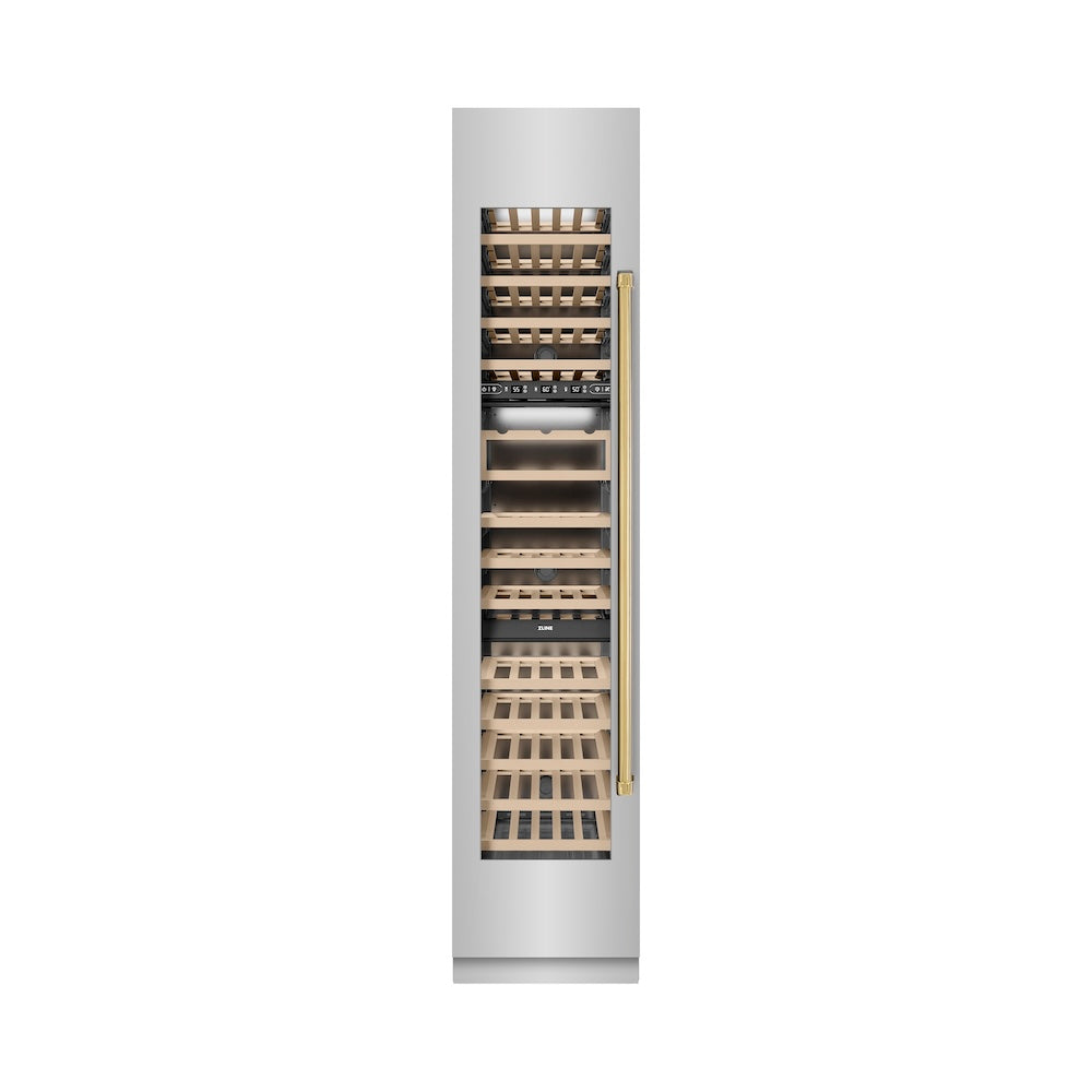ZLINE Autograph Edition 18 in. 9.0 cu. ft. Triple Zone 68 Bottle Left Hinge Column Wine Cooler in Stainless Steel with Polished Gold Accents (RCWVLZ-30418-G)