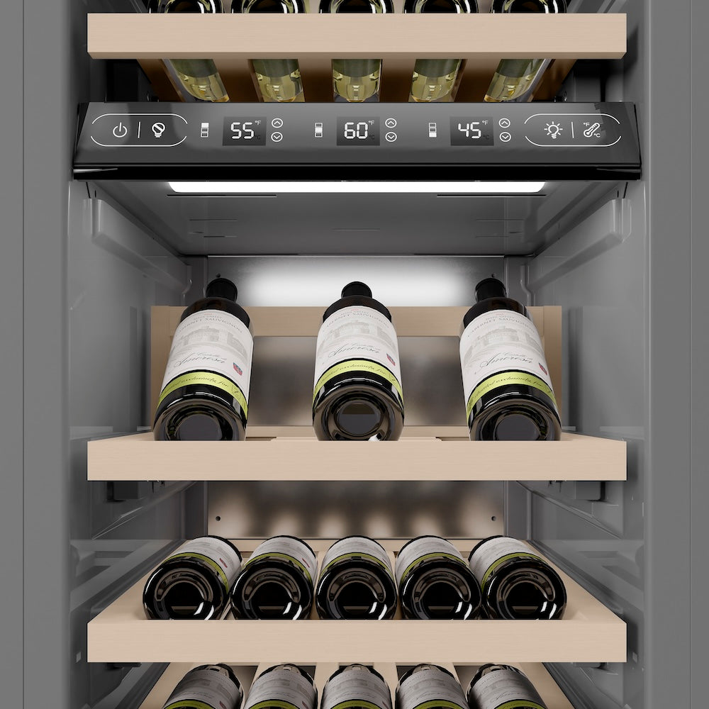 ZLINE Autograph Edition 18 in. 9.0 cu. ft. Triple Zone 68 Bottle Left Hinge Column Wine Cooler in Stainless Steel with Matte Black Accents (RCWVLZ-30418-MB)
