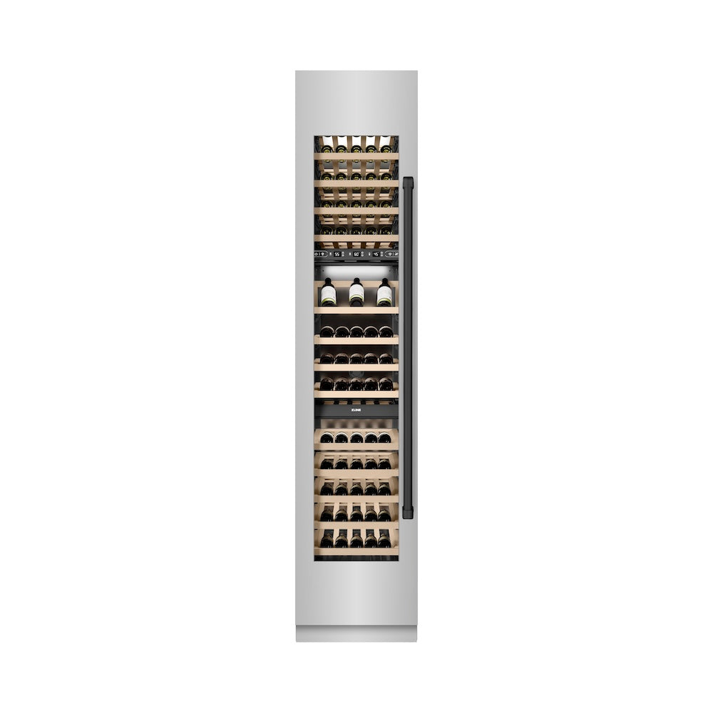 ZLINE Autograph Edition 18 in. 9.0 cu. ft. Triple Zone 68 Bottle Left Hinge Column Wine Cooler in Stainless Steel with Matte Black Accents (RCWVLZ-30418-MB)