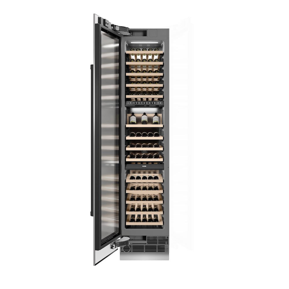 ZLINE Autograph Edition 18 in. 9.0 cu. ft. Triple Zone 68 Bottle Left Hinge Column Wine Cooler in Stainless Steel with Matte Black Accents (RCWVLZ-30418-MB)