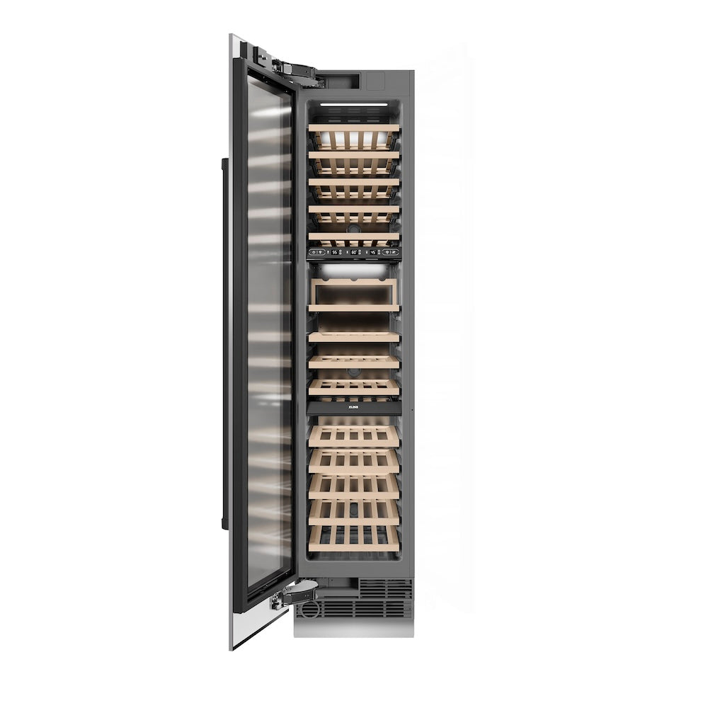 ZLINE Autograph Edition 18 in. 9.0 cu. ft. Triple Zone 68 Bottle Left Hinge Column Wine Cooler in Stainless Steel with Matte Black Accents (RCWVLZ-30418-MB)