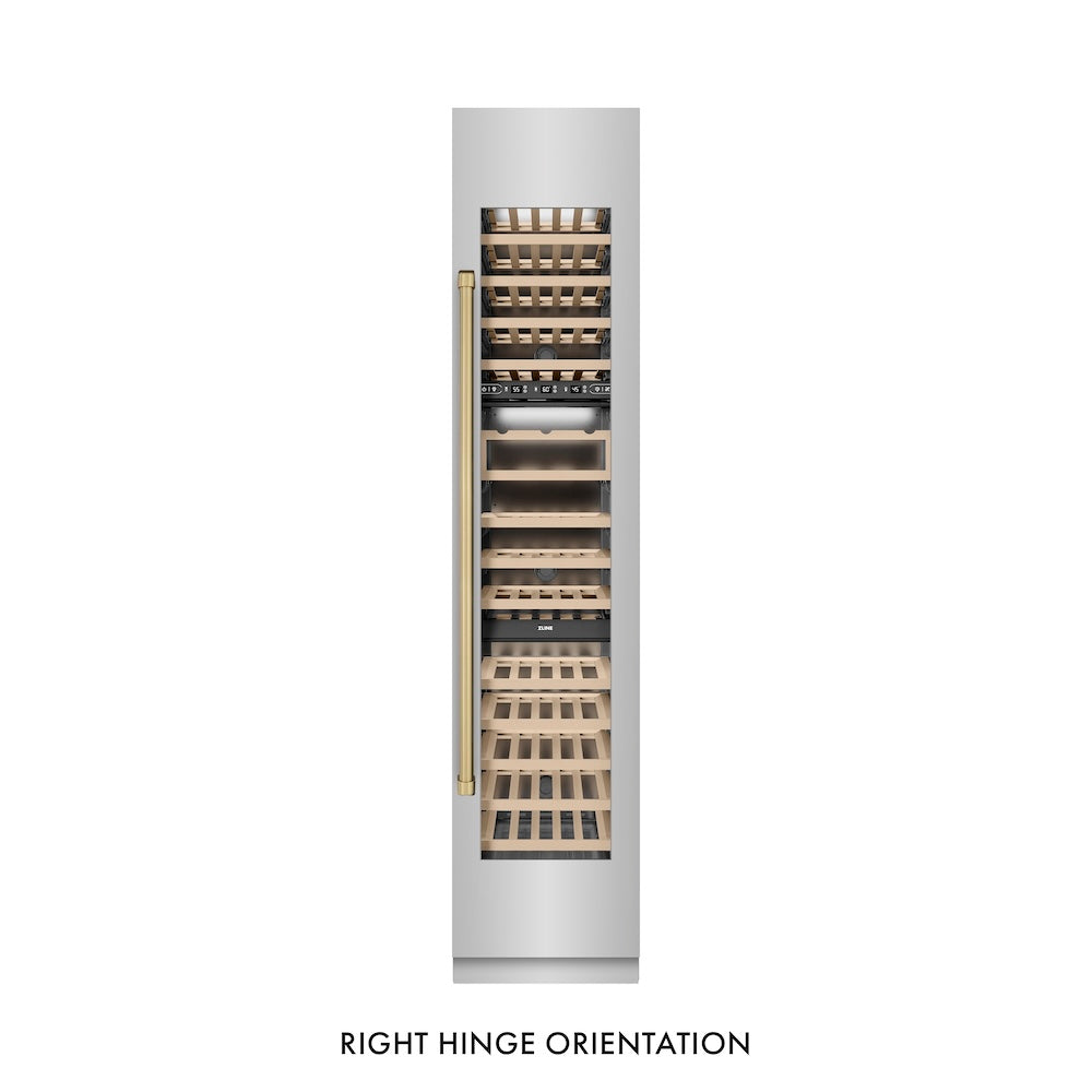 ZLINE Autograph Edition 18 in. 9.0 cu. ft. Triple Zone 68 Bottle Right Hinge Column Wine Cooler in Stainless Steel with Champagne Bronze Accents (RCWVRZ-30418-CB)