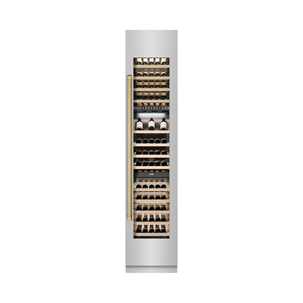 ZLINE Autograph Edition 18 in. 9.0 cu. ft. Triple Zone 68 Bottle Right Hinge Column Wine Cooler in Stainless Steel with Champagne Bronze Accents (RCWVRZ-30418-CB)