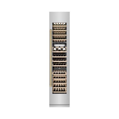 ZLINE Autograph Edition 18 in. 9.0 cu. ft. Triple Zone 68 Bottle Right Hinge Column Wine Cooler in Stainless Steel with Champagne Bronze Accents (RCWVRZ-30418-CB)