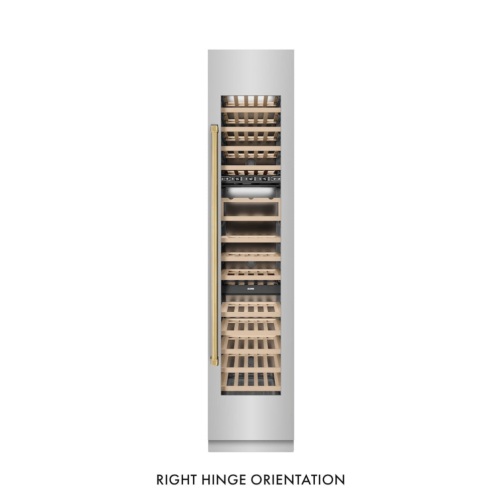 ZLINE Autograph Edition 18 in. 9.0 cu. ft. Triple Zone 68 Bottle Right Hinge Column Wine Cooler in Stainless Steel with Polished Gold Accents (RCWVRZ-30418-G)