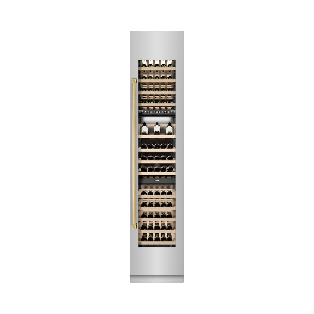 ZLINE Autograph Edition 18 in. 9.0 cu. ft. Triple Zone 68 Bottle Right Hinge Column Wine Cooler in Stainless Steel with Polished Gold Accents (RCWVRZ-30418-G)