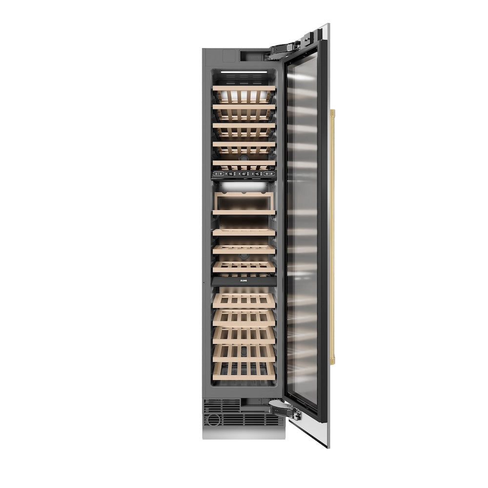 ZLINE Autograph Edition 18 in. 9.0 cu. ft. Triple Zone 68 Bottle Right Hinge Column Wine Cooler in Stainless Steel with Polished Gold Accents (RCWVRZ-30418-G)