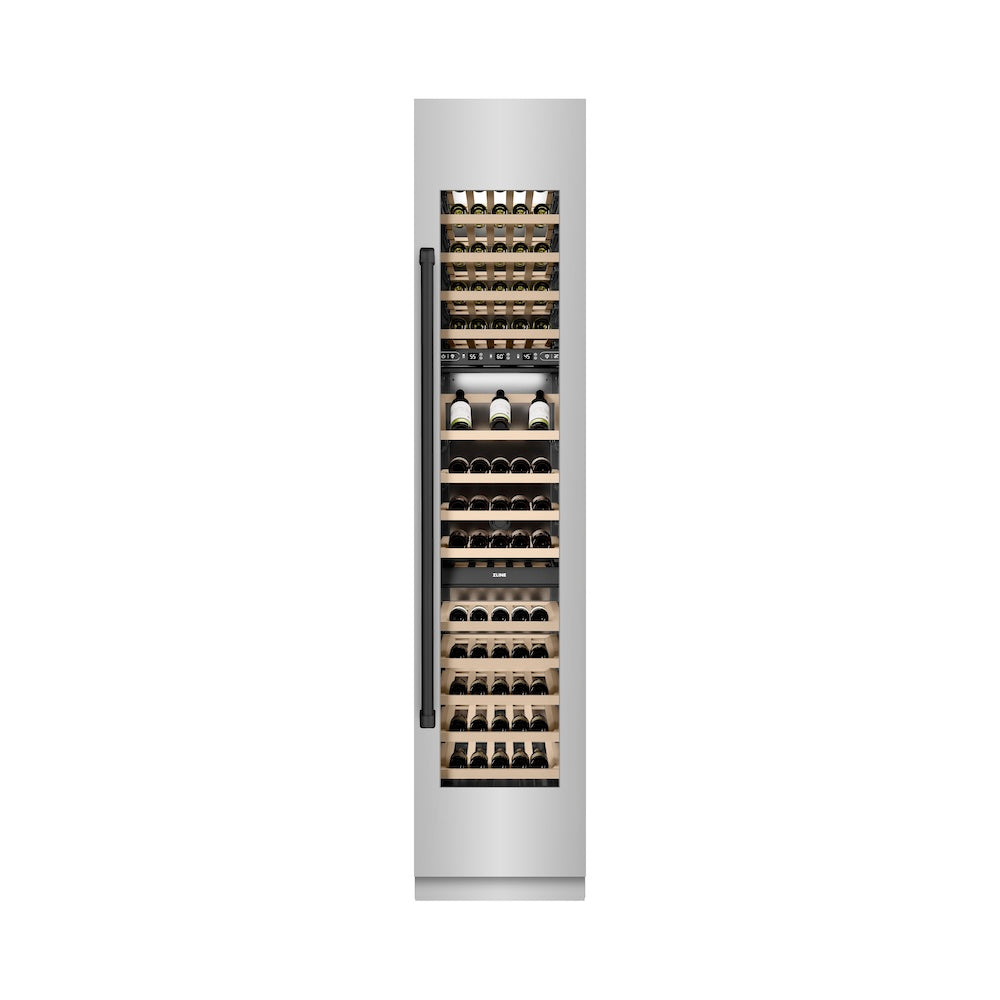 ZLINE Autograph Edition 18 in. 9.0 cu. ft. Triple Zone 68 Bottle Right Hinge Column Wine Cooler in Stainless Steel with Matte Black Accents (RCWVRZ-304-18-MB)